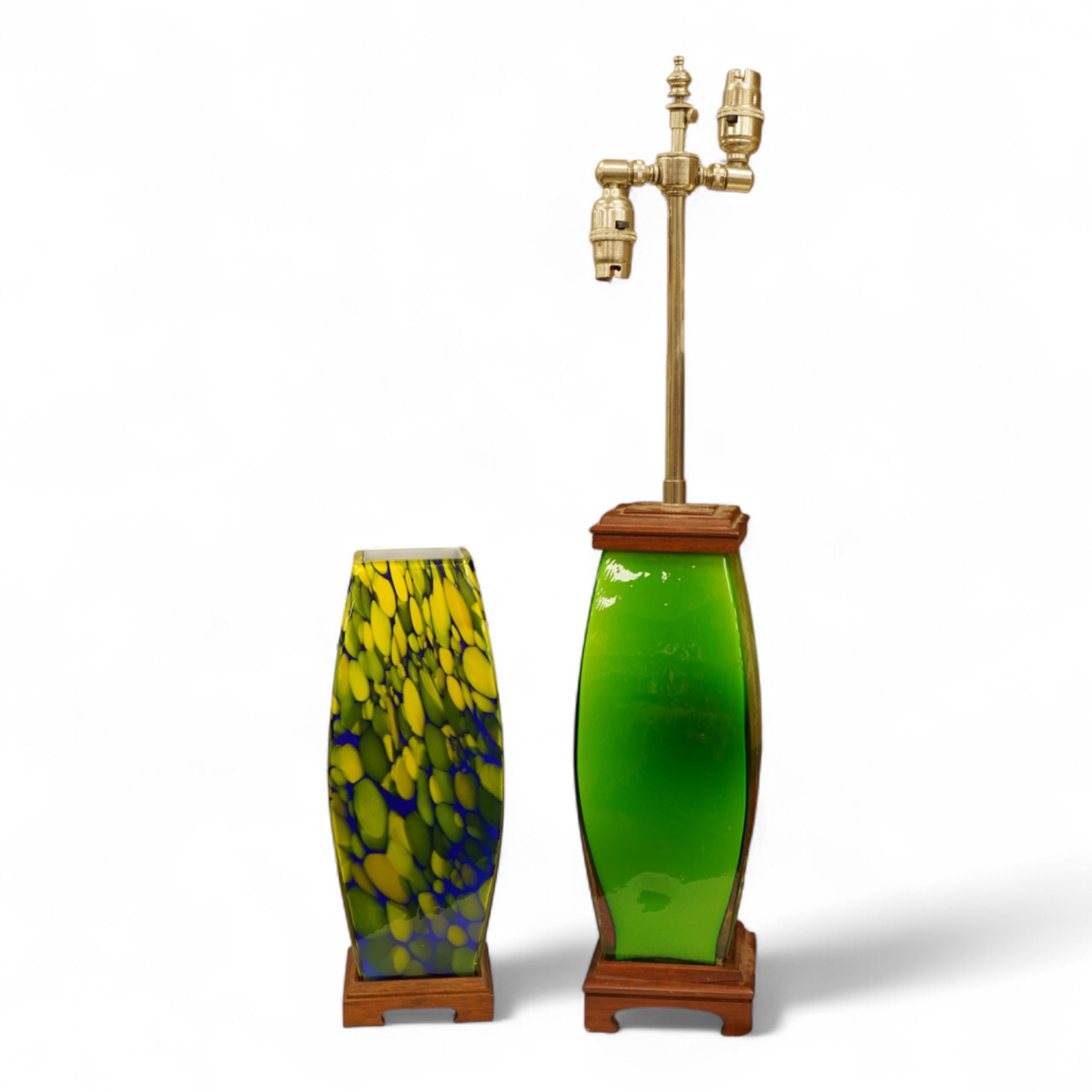 A modernist green glass lamp base another another example, largest 66cm high